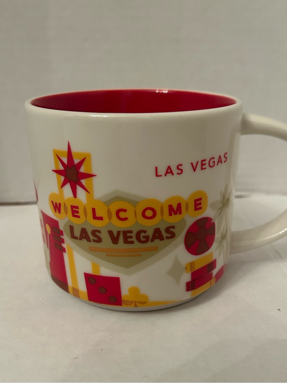 Starbucks collectable Las Vegas Welcome Ceramic Mug - White with Red Interior